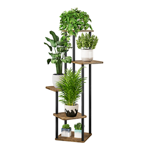 Suport de flori din metal, negru/lemn rustic, ADITE