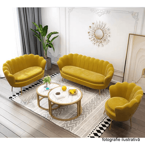 Fotoliu în stil Art-deco, catifea Velvet muştar/crom auriu, NOBLIN